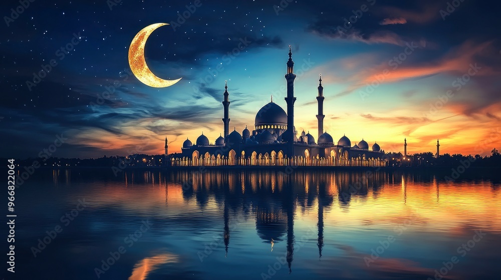 Fototapeta premium closeup Mosque and crescent moon on dark blue sky, reflection on water. Ramadan concept,. dramatic view with generative ai