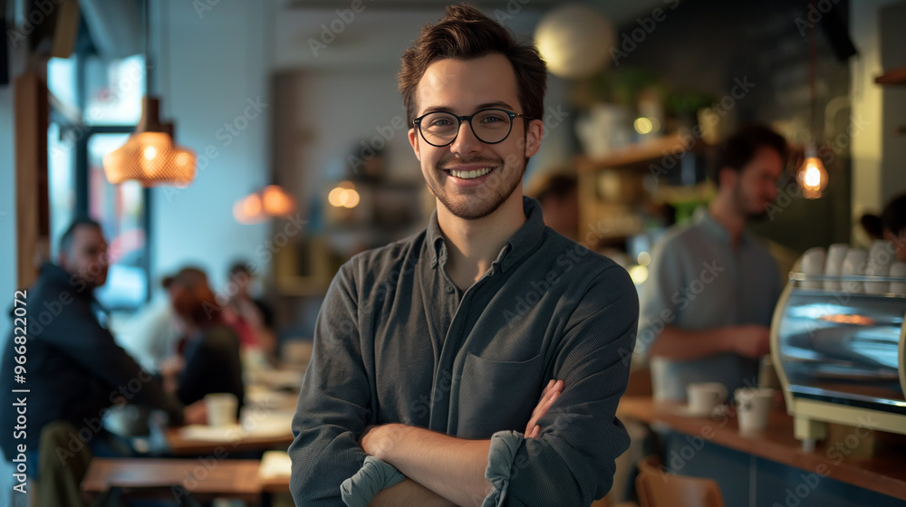 Smiling young man standing in an office with his arms crossed and wearing glasses Smiling young man standing in an office with his arms crossed and wearing glasses