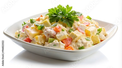 Potato salad with mayonnaise on white background