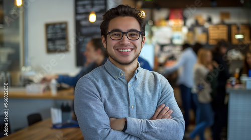 Smiling young man standing in an office with his arms crossed and wearing glasses