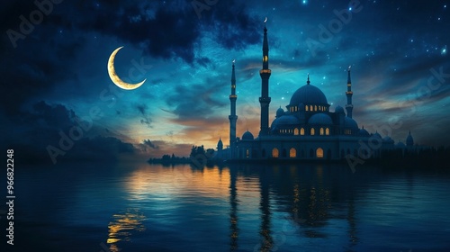 closeup Mosque and crescent moon on dark blue sky, reflection on water. Ramadan concept,. dramatic view with generative ai photo