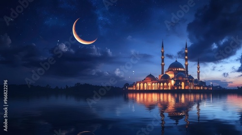 closeup Mosque and crescent moon on dark blue sky, reflection on water. Ramadan concept,. dramatic view with generative ai photo