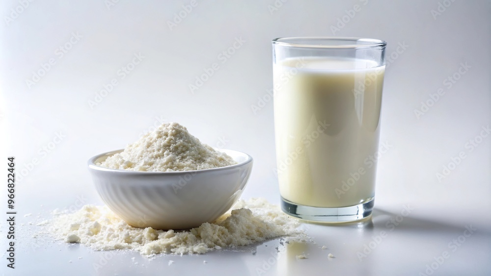 Powdered milk and glass of milk on white background in fisheye perspective Powdered milk and glass of milk on white background in fisheye perspective