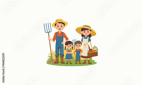 A farming family holding vegetables, tools, and smiling happily together.