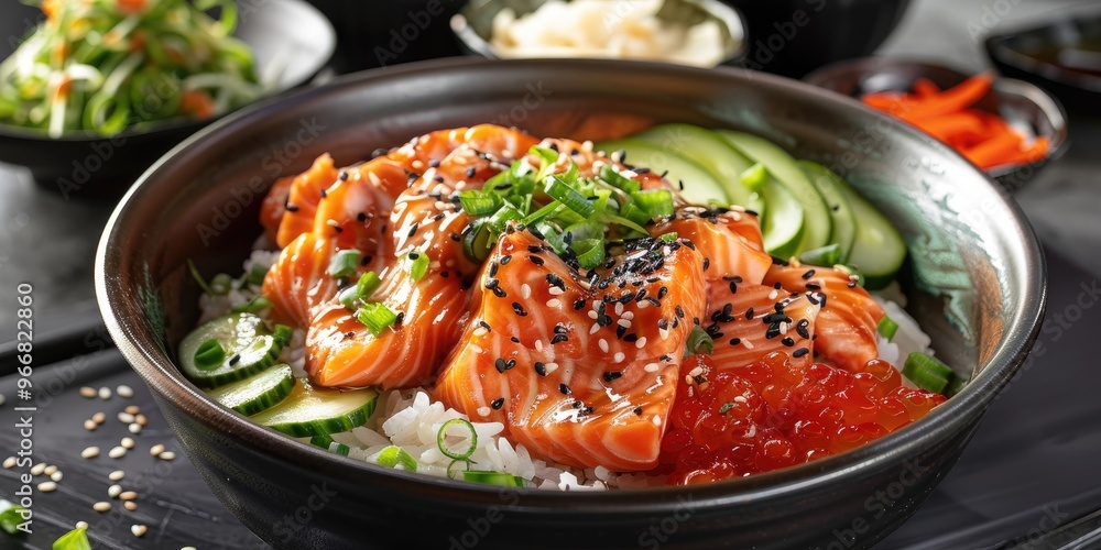 Bowl of Donburi with Salmon, Rice, and Vegetables Bowl of Donburi with Salmon, Rice, and Vegetables