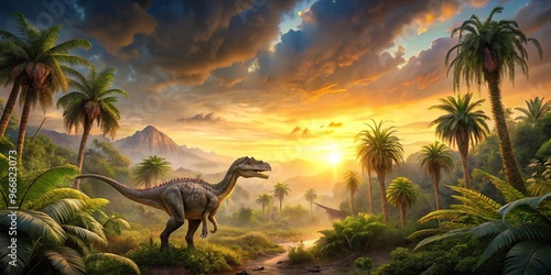 Fototapeta Naklejka Na Ścianę i Meble -  Prehistoric dinosaur landscape with lush jungle and golden sunset sky scenery