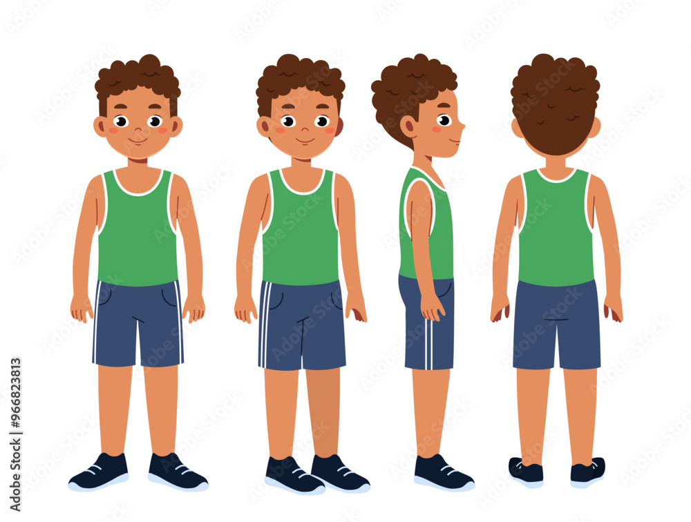 Fototapeta premium Fitness boy constructor. Guy in sportive uniform. Kit for creating animations. Pack of character in various angles. Cardio training and workout. Flat vector collection