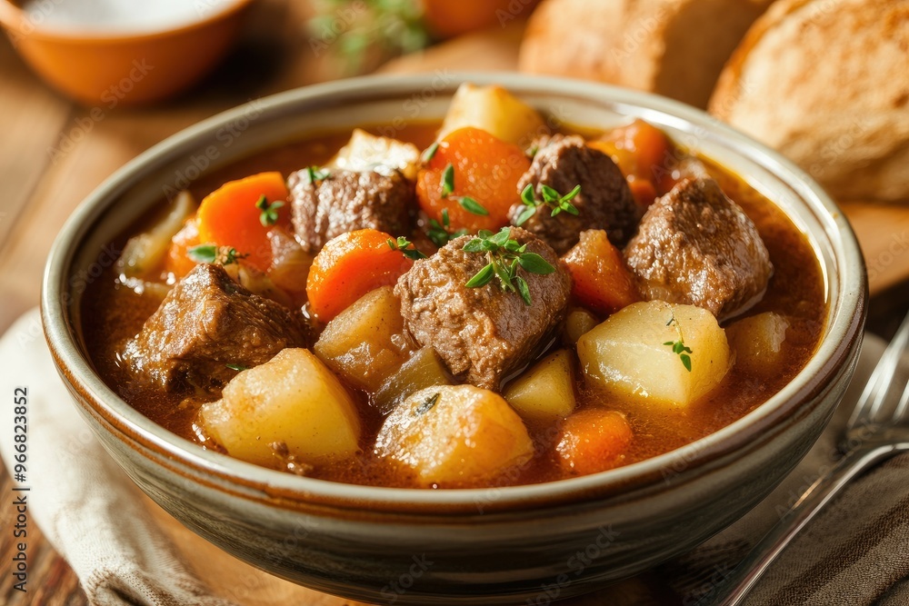 A hearty bowl of beef stew with vegetables, perfect for a comforting meal. A hearty bowl of beef stew with vegetables, perfect for a comforting meal.
