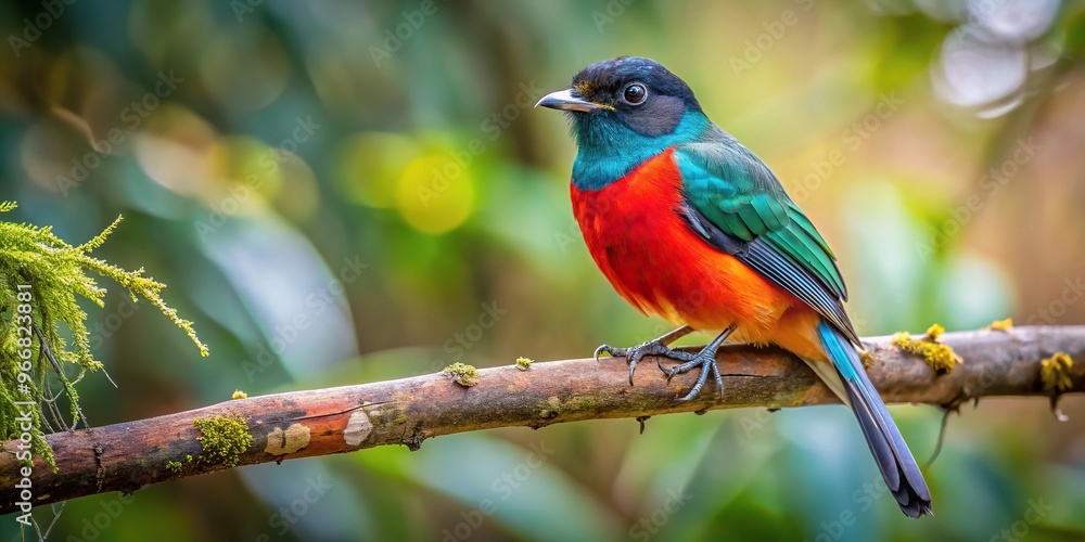 Psilopogon nuchalis bird perching on a tree branch in its natural habitat Psilopogon nuchalis bird perching on a tree branch in its natural habitat