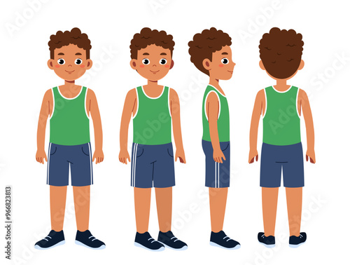 Fitness boy constructor. Guy in sportive uniform. Kit for creating animations. Pack of character in various angles. Cardio training and workout. Flat vector collection