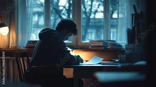 A single student sitting at a desk in a quiet exam room, intensely focused on their test paper photo