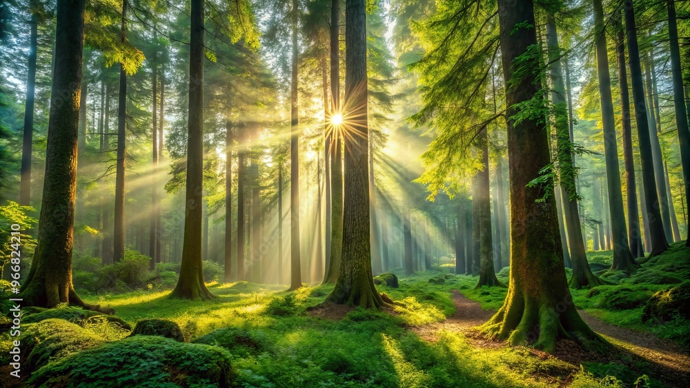 Fototapeta premium Giant trees pierce the air, their leaves a kaleidoscope of color, with verdant undergrowth crawling up their sturdy