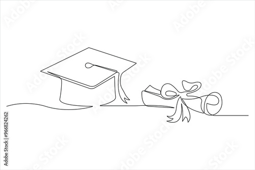 Continuous cap one line art drawing of graduation hat concept outline vector