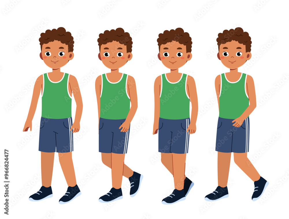 Fototapeta premium Fitness boy constructor. Guy in sportive uniform walk. Kit for creating cartoons. Pack of character in various angles. Marathon runner. Flat vector collection