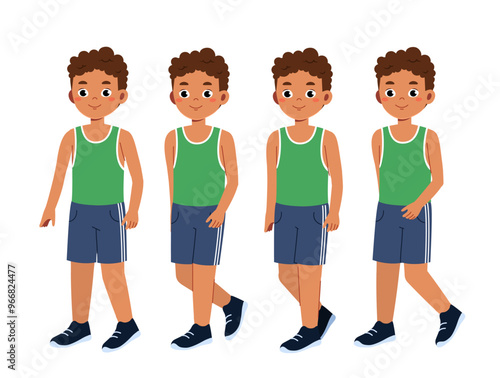 Fitness boy constructor. Guy in sportive uniform walk. Kit for creating cartoons. Pack of character in various angles. Marathon runner. Flat vector collection