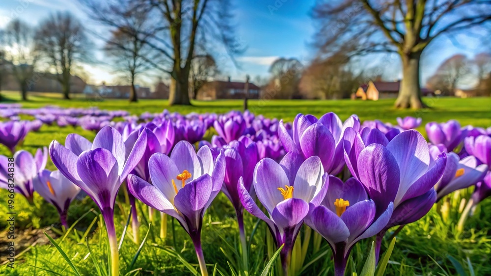 Purple crocus plants growing in grass at Cannon Hall parkland, Barnsley South Yorkshire Purple crocus plants growing in grass at Cannon Hall parkland, Barnsley South Yorkshire
