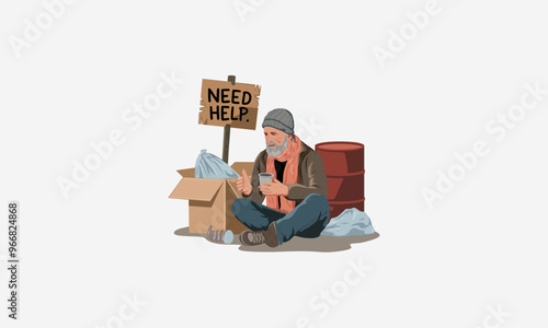 A homeless man holding a Need Help sign, sitting down