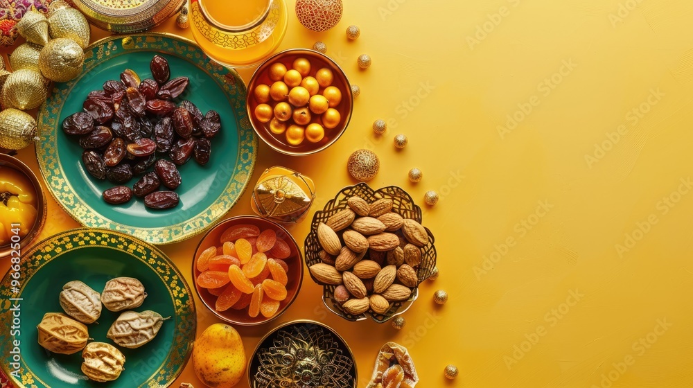 Ramadan kareem holiday concept with dried dates, fruits and decorations on bright background Ramadan kareem holiday concept with dried dates, fruits and decorations on bright background