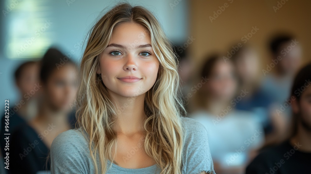 Student giving a presentation in class, standing confidently in front of peers, soft indoor lighting, classroom details. Student giving a presentation in class, standing confidently in front of peers, soft indoor lighting, classroom details.