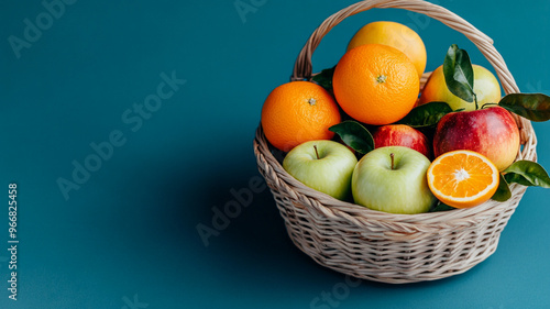 Freshly picked apples and oranges in woven basket create vibrant display of colors and textures, evoking sense of freshness and abundance