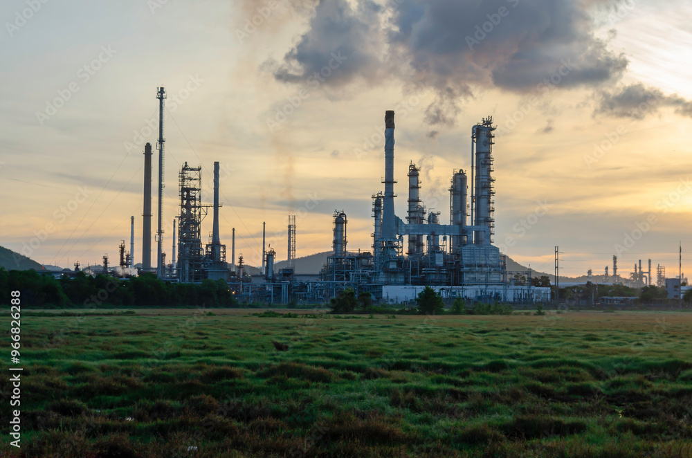Oil refinery industry at sunset - factory - petrochemical plant Oil refinery industry at sunset - factory - petrochemical plant