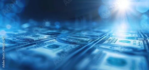 A vibrant close-up of US dollar bills, showcasing financial wealth with a dreamy blue background and soft lighting effects.