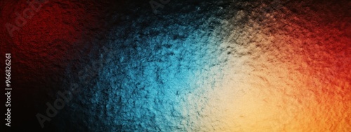 An abstract gradient background blending warm earthy tones of orange and red with deep cool shades of blue and teal, textured like vintage distressed film or weathered canvas, hyperrealistic, highly