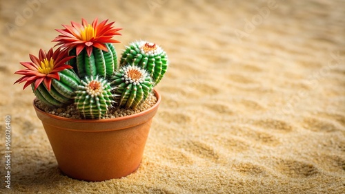 Quilled cactus flowers in pot with spiky details on sandy texture photo