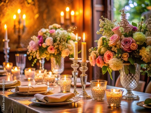 Intimate candlelit dinner setup with delicate flower arrangements, fine china, and crystal glasses, evoking a sense of luxury and romance in a warm, inviting atmosphere.