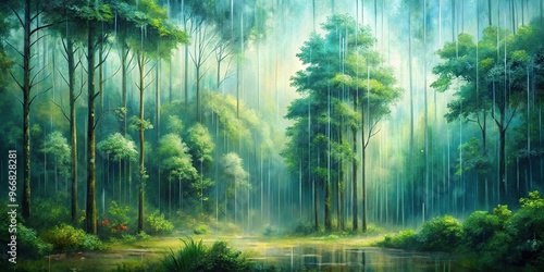 Rainy forest background painted with oil paint