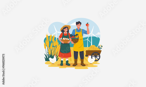 A farming couple with produce baskets and wind turbines background. photo