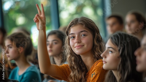 Wallpaper Mural High school student raising their hand in class, engaged in a discussion, natural daylight coming through windows, soft focus on the student. Torontodigital.ca