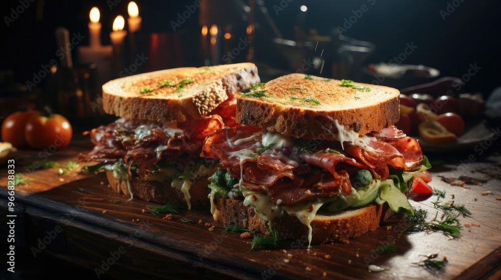 Two stacked sandwiches with an abundance of ingredients, toasted, Two stacked sandwiches with an abundance of ingredients, toasted,
