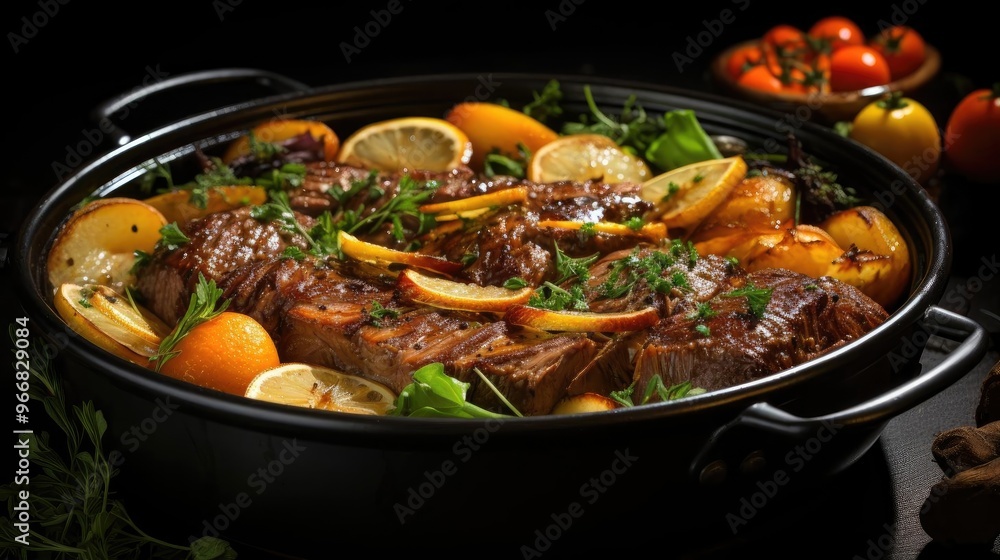 Delicious steak in a savory sauce with herbs and lemon. Delicious steak in a savory sauce with herbs and lemon.