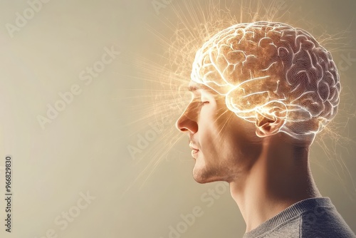 Neural transmission cognitive dissonance and synaptic processing side profile of a man with a glowing brain representing cognitive power neural energy and mental activity