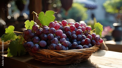 Basket filled with red grapes on table.