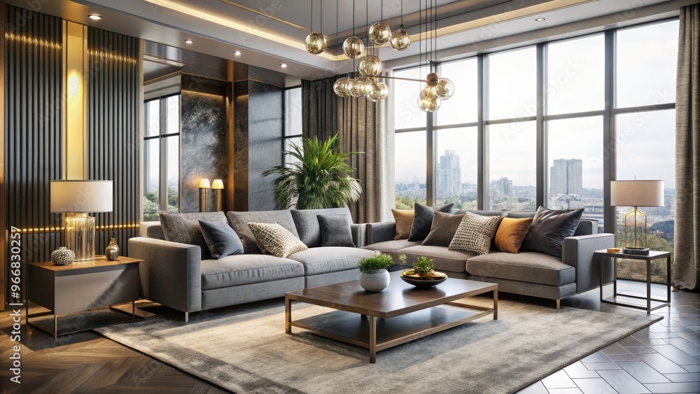 Luxurious modern living room with sleek grey sofa, floor-to-ceiling windows, and metallic accents, showcasing perfect blend of style, comfort, and sophistication in interior design. Luxurious modern living room with sleek grey sofa, floor-to-ceiling windows, and metallic accents, showcasing perfect blend of style, comfort, and sophistication in interior design.