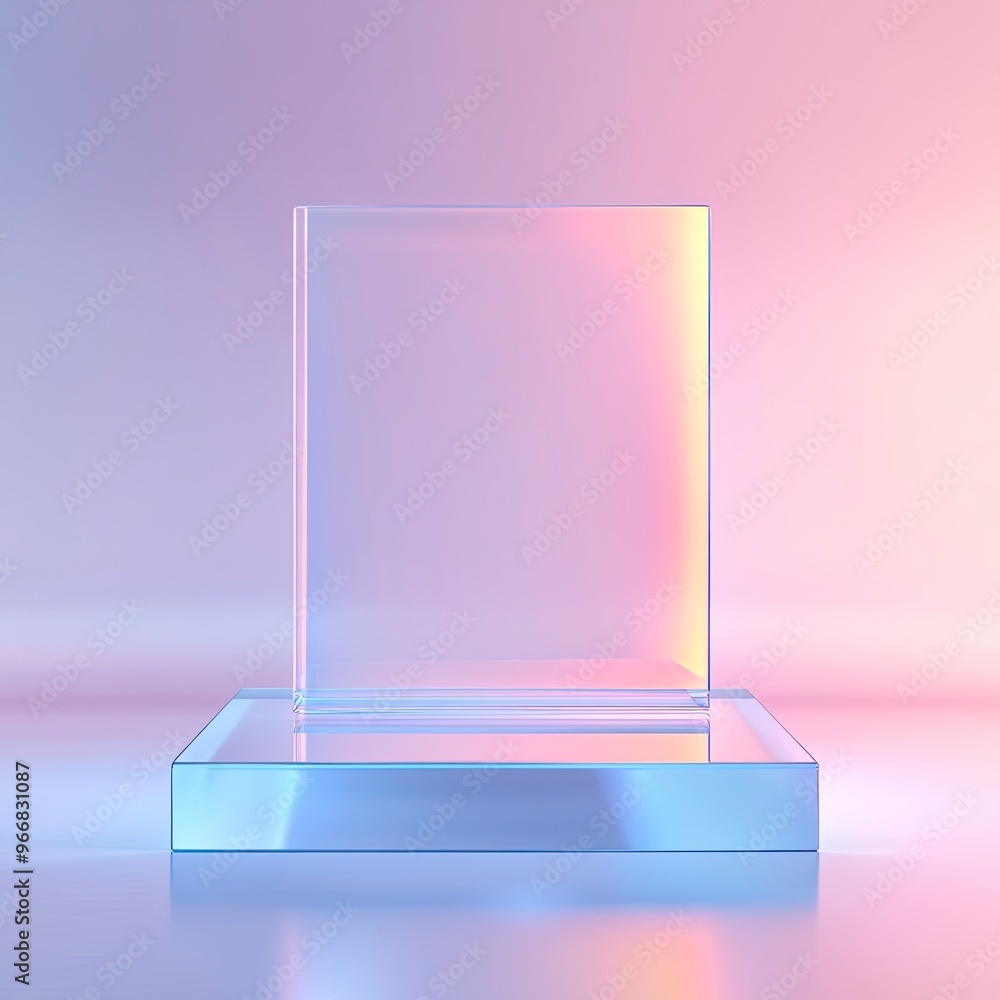 A podium made of transparent acrylic that creates a light and modern impression. With the lighting effect reflecting on the surface, generative ai A podium made of transparent acrylic that creates a light and modern impression. With the lighting effect reflecting on the surface, generative ai