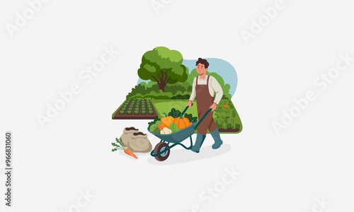 A farmer pushing a wheelbarrow full of fresh vegetables in the garden.