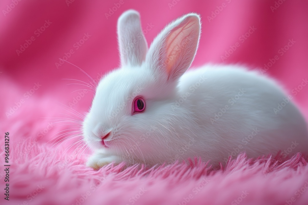 A fluffy white bunny rabbit resting on a pink fur background A fluffy white bunny rabbit resting on a pink fur background