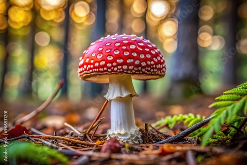 Red and white spotted fly agaric mushroom in the forest from birds eye view