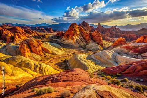 Red and yellow mountains and sand in the valley of fire high angle view