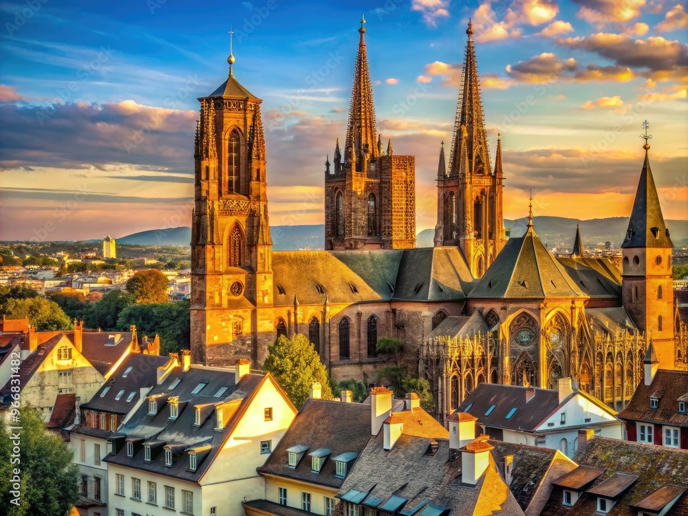 Fototapeta premium Majestic Gothic Strasbourg Cathedral rises above quaint Alsatian rooftops, its intricate stone carvings and vibrant red sandstone façade glowing warmly in the golden afternoon light.