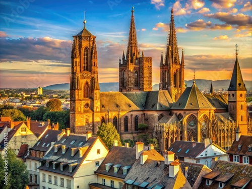 Majestic Gothic Strasbourg Cathedral rises above quaint Alsatian rooftops, its intricate stone carvings and vibrant red sandstone façade glowing warmly in the golden afternoon light. photo