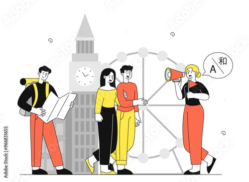 Travel guide for tourists. Woman with loudspeaker shows young guys and girls sights. Holiday and vacation, tourism in London. Linear vector illustration