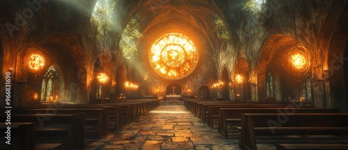 An Ethereal Church Interior Bathed in Warm Light