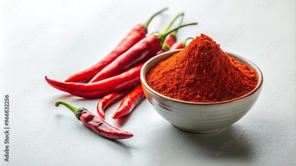 Red chili powder and peppers on white background Red chili powder and peppers on white background