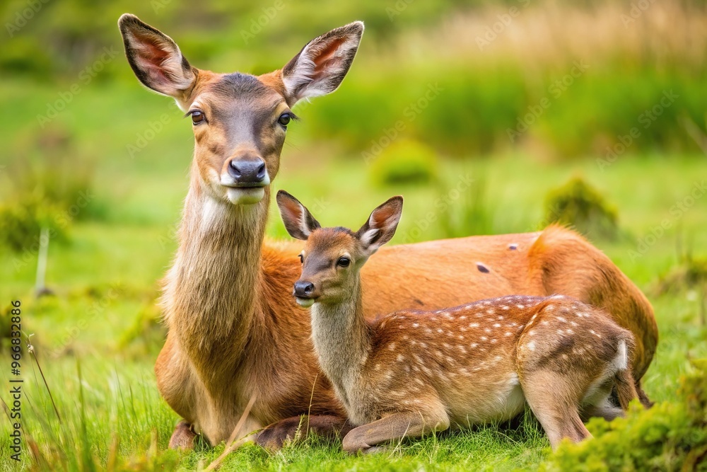 Red Deer calf suckling from mother high angle view Red Deer calf suckling from mother high angle view