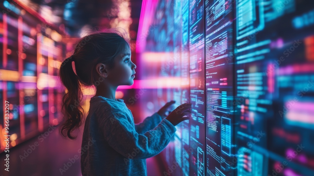 Young Girl Interacting with Interactive Digital Display Futuristic Technology Neon Lights Young Girl Interacting with Interactive Digital Display Futuristic Technology Neon Lights