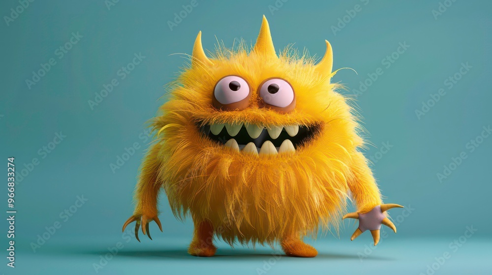 Fototapeta premium A yellow, furry monster with a big toothy grin, big eyes, and claws, standing against a light blue background.
